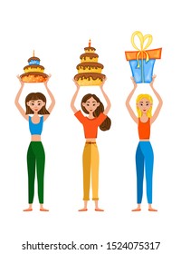 Birthday set with girls and gifts. Cartoon style. Vector