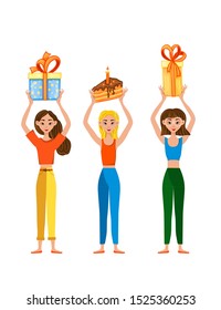 Birthday set with girls and gifts. Cartoon style. Vector