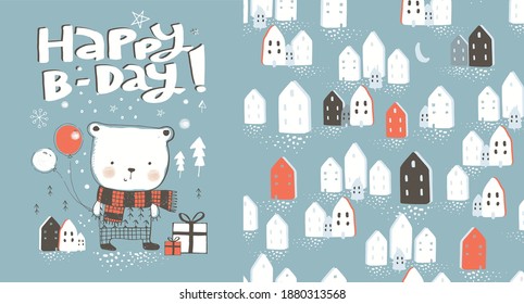 Birthday set. Hand drawn vector illustration of cute  bear with balloons and  seamless pattern with landscape elements. 