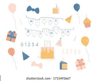 Cumpleaños. Elementos decorativos de cumpleaños felices. Estilo plano vectorial