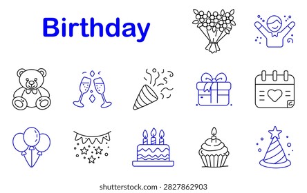 Birthday set icon. Teddy bear, champagne glasses, confetti popper, gift box, balloons, cupcake, bouquet, celebration calendar, festive hat, party decoration, anniversary surprise