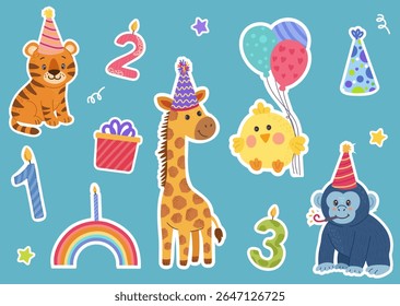 Aniversário definido com animais da selva, chapéus de festa, balões, caixa de presente, arco-íris. Tigre, girafa, galinha e gorila. Para temas de festas infantis e designs de adesivos.