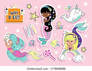 Birthday set with mermaids, cake and sea inhabitants. Fashion patches