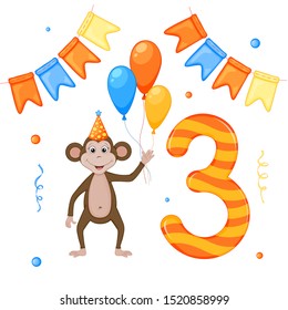 Birthday set with monkey and number three. Cartoon style. Vector