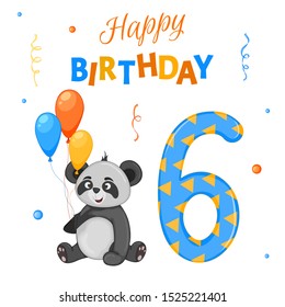 Birthday set with panda, the inscription "Happy Birthday" and the number six. Cartoon style. Vector