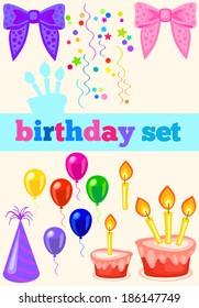 birthday set with ribbons. birthday cap, cake, balloons and confetti. No gradients, no transparency