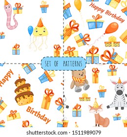 Birthday set with seamless multicolored patterns on a white background. Cartoon style. Vector