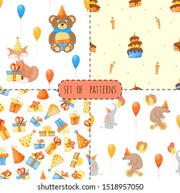 Birthday set with seamless multicolored patterns on a white background. Cartoon style. Vector