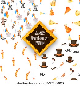 Birthday set with seamless multicolored patterns on a white background. Cartoon style. Vector