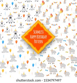 Birthday set with seamless multicolored patterns on a white background. Cartoon style. Vector