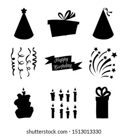 Birthday set of silhouettes with traditional attributes on white background. Cartoon style. Vector