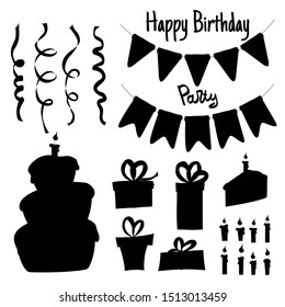 Birthday set of silhouettes with traditional attributes on white background. Cartoon style. Vector