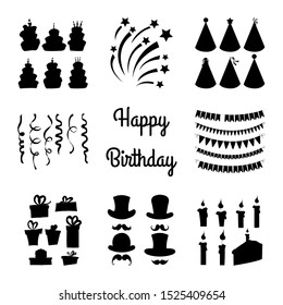 Birthday set of silhouettes with traditional attributes on white background. Cartoon style. Vector