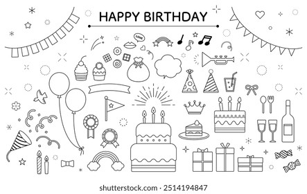 Birthday set simple ribbon pop decoration variation line drawing cute  birthday