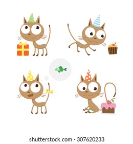 Birthday set with six cute cartoon kittens.