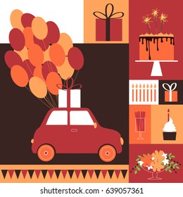 Birthday set. Small car with balloons, sweets, cake, gifts. Vector illustration.