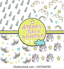 Birthday set with unicorn, holiday glasses, rainbow and crown seamless pattern collection