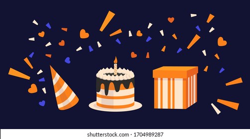 
Birthday set of vector elements: cake, birthday hat, gift box, confetti with hearts. Striped pattern.  
Design elements for greeting card, banner, packaging.