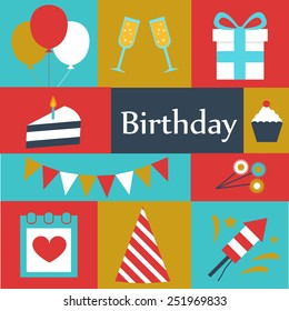 birthday set, vector icons flat design.