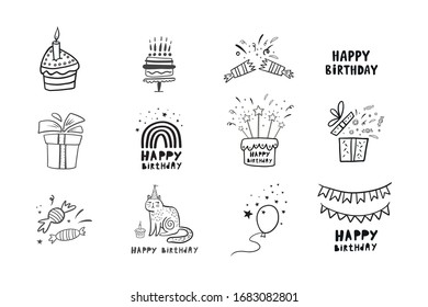 Birthday set. Vector birthday illustration. Doodle style drawing. Birthday icon set. Linear illustration
