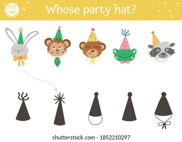 Birthday shadow matching activity for children. Fun puzzle with cute animals in party hats. Holiday celebration educational game for kids. Find the correct silhouette printable worksheet. 
