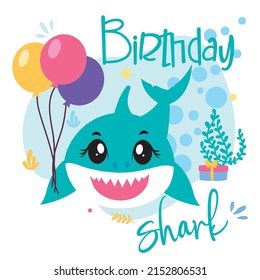 Birthday shark with balloons svg vector Illustration isolated on white background. Baby shark birthday shirt design. Shark printable svg