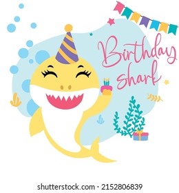 Birthday shark with cake svg vector Illustration isolated on white background. Baby shark birthday shirt design. Shark printable. Birthday card for baby. 