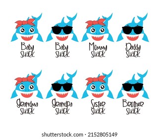 Birthday shark family svg vector Illustration isolated on white background. Sharks with sunglasses and bow. Family shark shirt design for shark party decor.