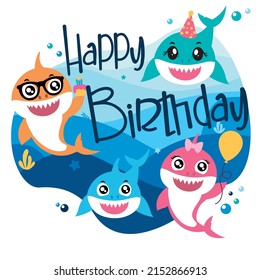 Birthday shark poster svg vector Illustration isolated on white background. Shark birthday party decor. Сard for birthday kids party svg