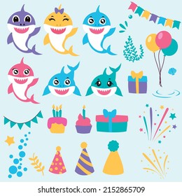 Birthday shark svg vector Illustration isolated on white background. Baby shark birthday bundle with balloons and elements. Animal clipart for birthday kids party svg