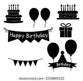 Silhueta de aniversário Set. Ilustração de vetor plano