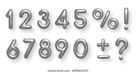 Birthday silver balloon numbers isolated on white background. Set of silver isolated numbers. Bright metallic 3D realistic vector design elements for anniversary, celebration, party, sale, promotion.