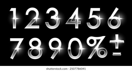 Birthday silver numbers isolated on black background. Collection of anniversary chrome white gray numbers. Luxury bright metallic font. Realistic vector design elements for party, holiday, sale.