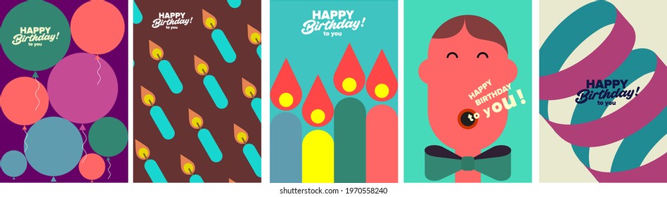 Birthday. Simple, fun, vector illustrations.
A pattern of festive balloons, candles, a person singing a song, a festive ribbon.