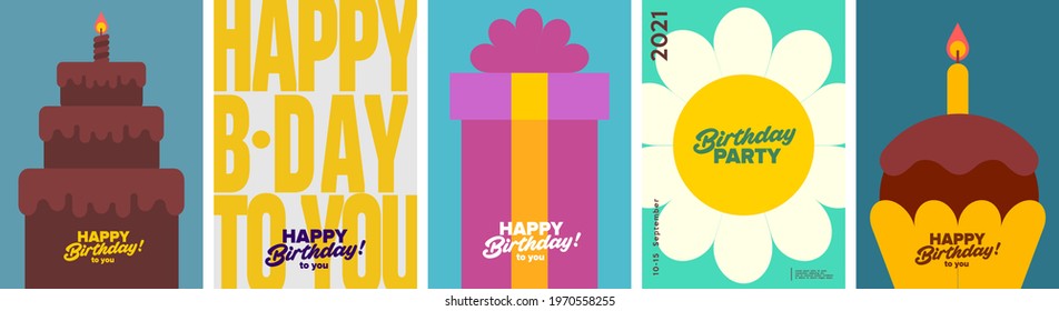 Birthday. Simple, fun, vector illustrations. Gift, chamomile, Birthday cake with a candle. Set of illustrations
