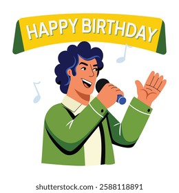 Birthday singer singing happy birthday song, flat illustration