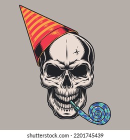 Birthday skull element colorful vintage scary face in birthday hat uses whistle tongue for fun retro party vector illustration