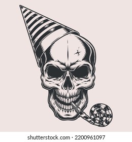 La cabeza del emblema monocromo del cráneo de cumpleaños hombre muerto en sombrero de cumpleaños con lengua de silbato te invita a vacaciones ilustración vectorial