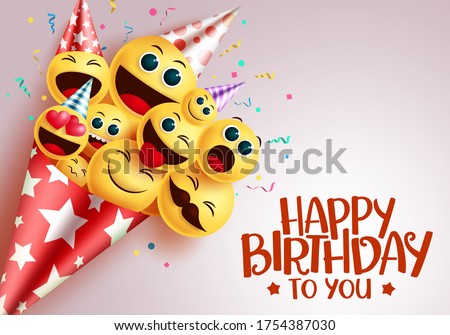 Birthday smiley bouquet vector design. Happy birthday to you greeting text in red empty space with smiley emoji in party hat bouquet for birthday invitation. Vector illustration.    