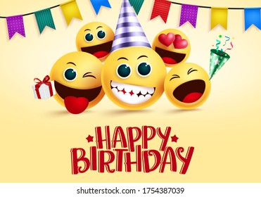 Birthday smiley emojis vector greeting. Happy birthday greeting text in empty space for messages with yellow smileys emoji and party elements for invitation card. Vector illustration.  