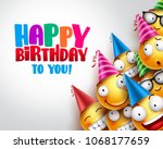 Birthday smileys vector background design with yellow funny and happy emoticons wearing colorful party hats and happy birthday text in empty white background. Vector illustration.
