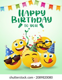 Birthday Smileys Vector Design. Happy Birthday To You Text With Celebrating Emoji Blowing Cake Candle For Party Greeting And Birth Day Celebrant Smileys. Vector Illustration.
