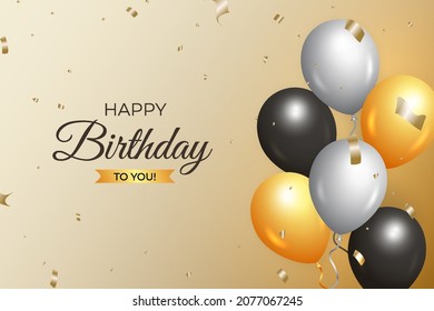 birthday social media post design, happy birthday to you with golden background gold and white and dark balloons, gold confetti