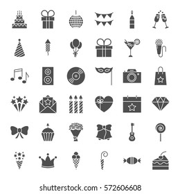 Birthday Solid Web Icons. Vector Set of Celebration and Party Glyphs.