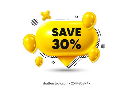 Geburtstag Sprechblase 3D-Symbol. Sparen Sie 30 % Rabatt auf den Tag. Preisschild für Rabattangebot. Sonderangebotszeichen. Rabatt-Chat-Angebot. Sprechblasen-Ballons-Banner. Textfeldblase. Vektorgrafik