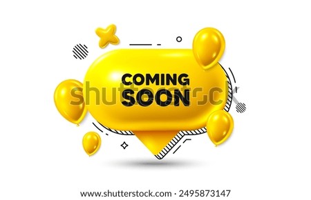 Birthday speech bubble 3d icon. Coming soon tag. Promotion banner sign. New product release symbol. Coming soon chat offer. Speech bubble balloons banner. Text box balloon. Vector