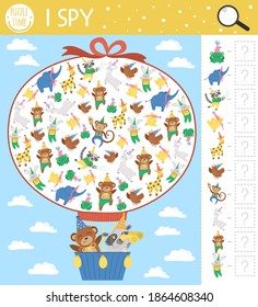 Birthday I spy game for kids. Searching and counting activity for preschool children with cute animals flying in hot air balloon. Funny party printable worksheet for kids. Simple festive puzzle