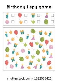Birthday I spy game. Search and count items. Activity printable worksheet for preschool kids. Dinosaur theme.