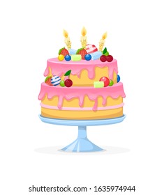 Birthday square cake with candle. Strawberry cake decorated with sweets and fruits cartoon vector illustration