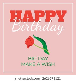 Birthday square card. Cover design template with tulips. Floral birthday card with pattern background. Botanical greeting card. Female birthday invitation. Card in bright red colors